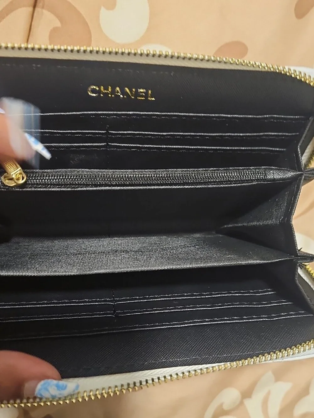 White Quilted Leather Zip Wallet with Gold Chain Trim